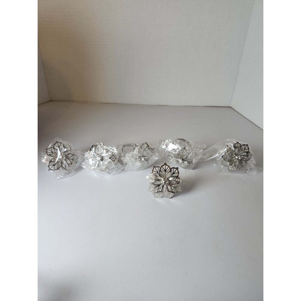 Lot Of 6 Silver Flower With Rinestone Napkin Holders